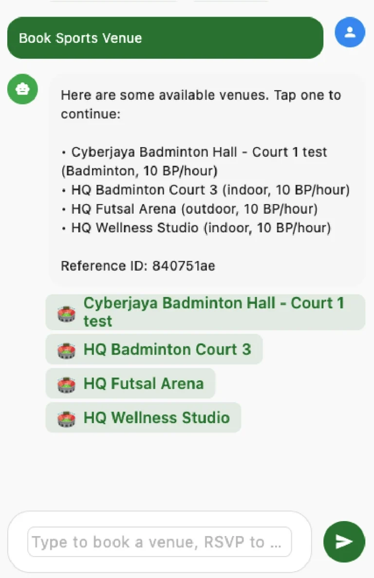 Screenshot of the Pyk Reserve AI chatbot by PUNCAK AI interface listing available sports venues
