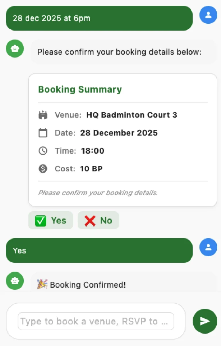 Puncak AI Pyk Reserve chatbot displaying a booking summary and requesting confirmation from the user